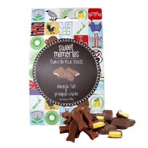 sweet memories classic kiwi sweets chocolate fish and pineapple lumps mix, kiwiana design gift box