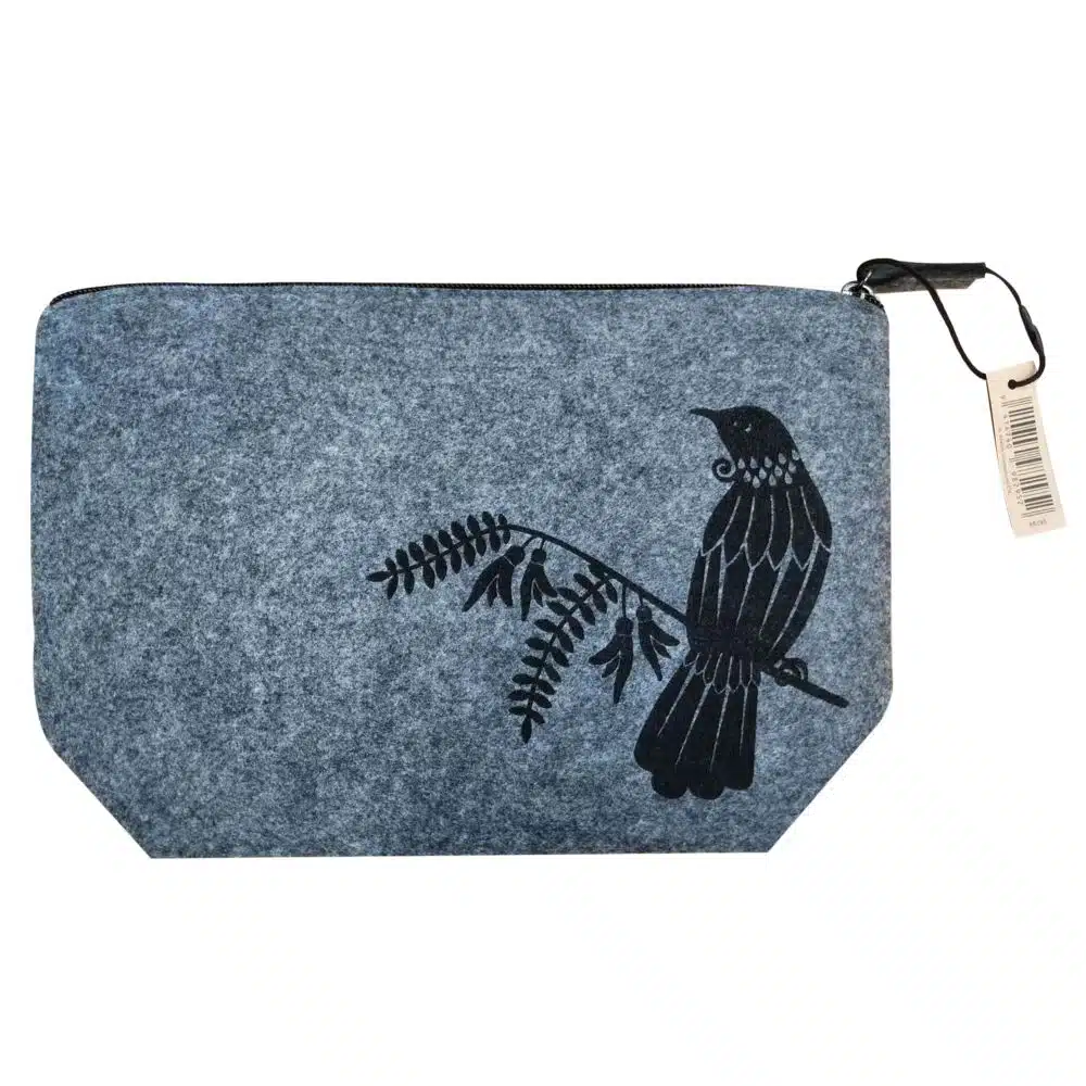 felt accessory bag with black tui design
